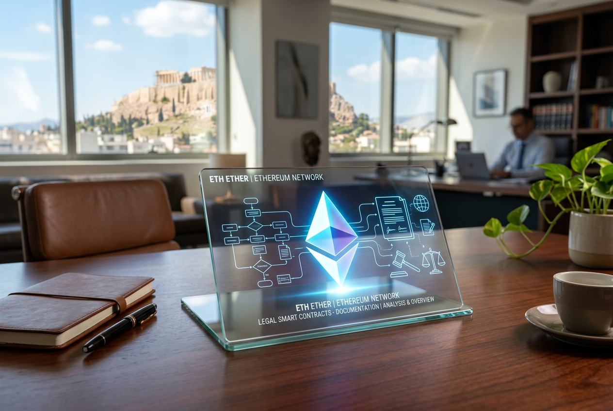 A digital tablet showing Ethereum logos and legal documents in a professional setting.