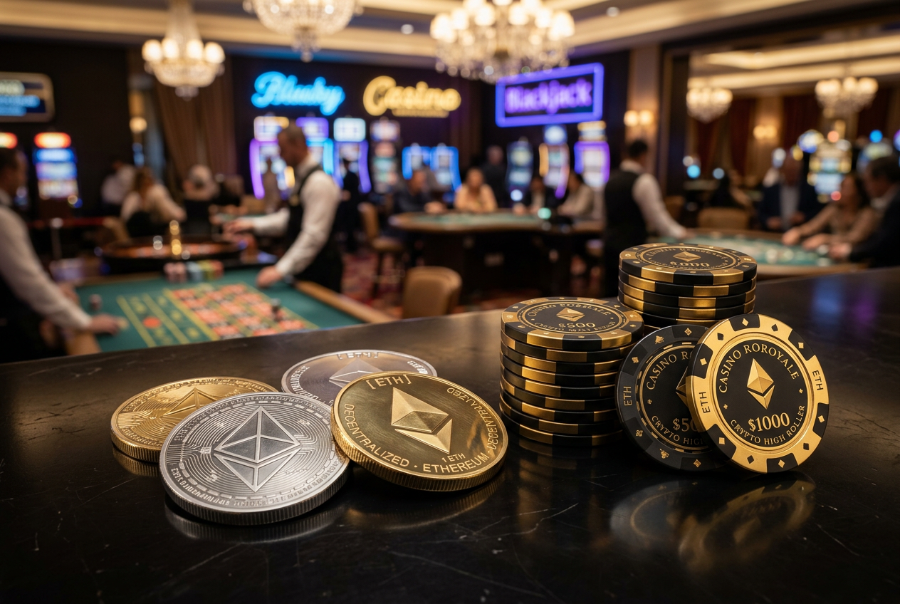 Ethereum coins and premium casino chips on a dark reflective surface with neon lights.